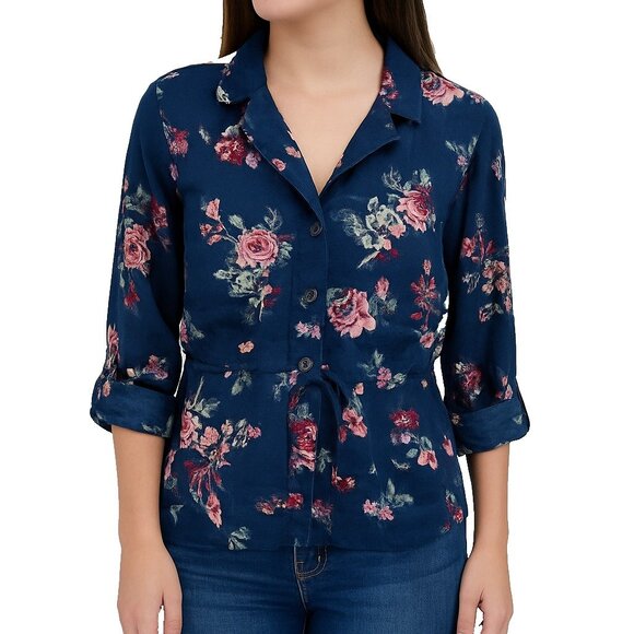 Maurices Womens L Navy Floral Button Down Linen Blend Blouse Lightweight Top - Picture 1 of 16